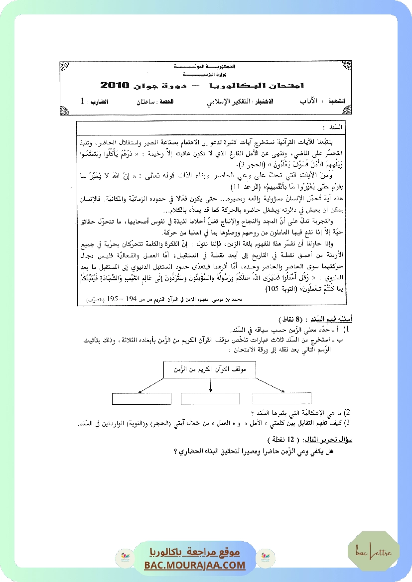 Sujet principale pense_islam Bac 2010 – Section lettre